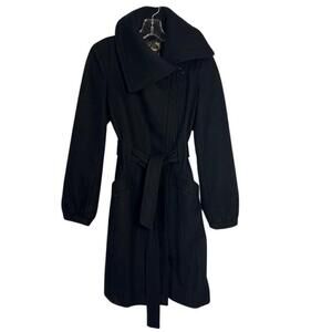 Guess Overcoat XS Black Wool Belted Long Peacoat Trench Coat